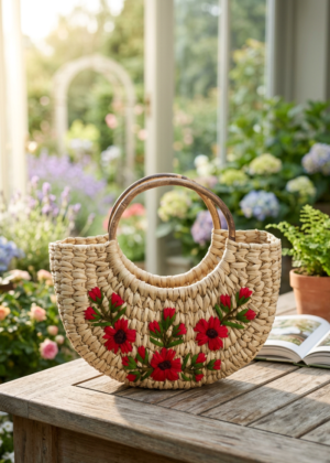 Red Embroidery U Bag with Cane Handle