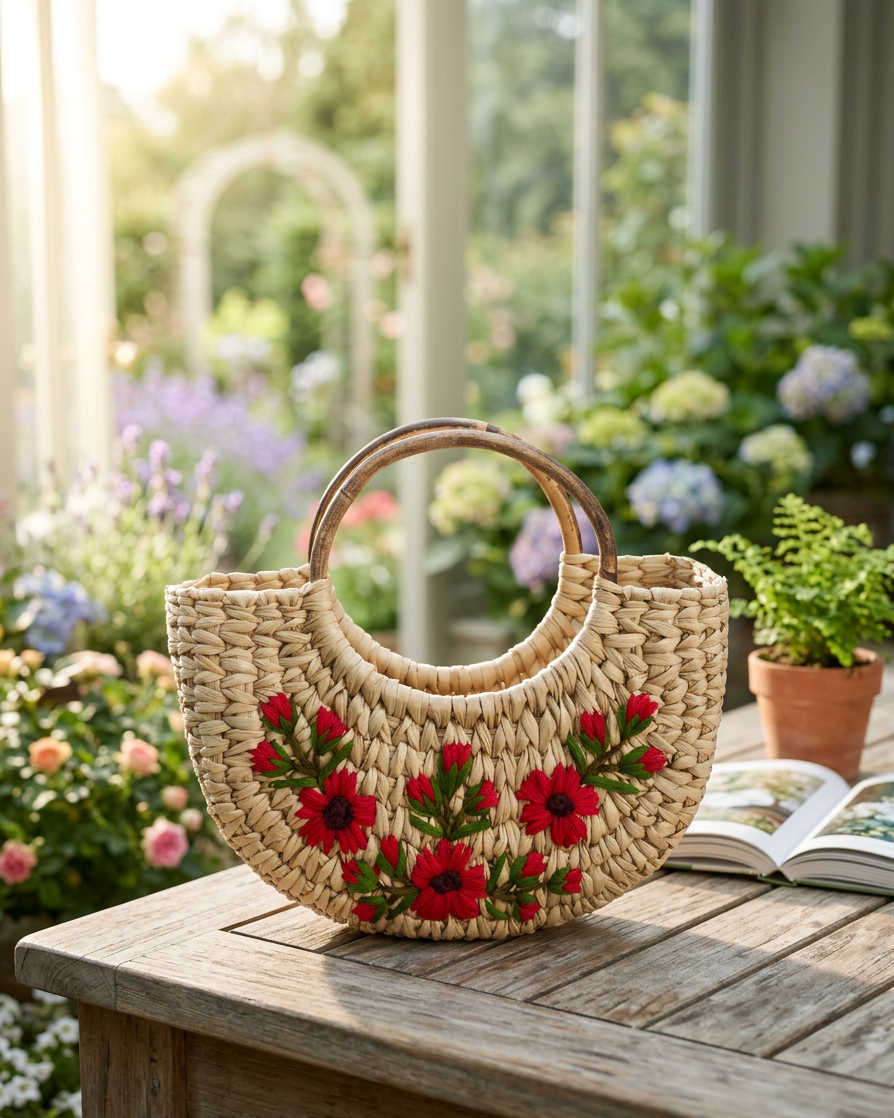 Red Embroidery U Bag with Cane Handle