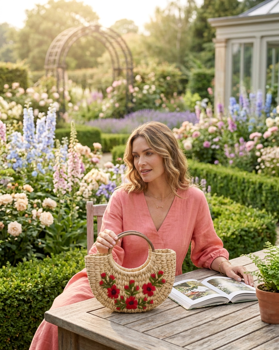 Red Embroidery U Bag with Cane Handle - Image 2